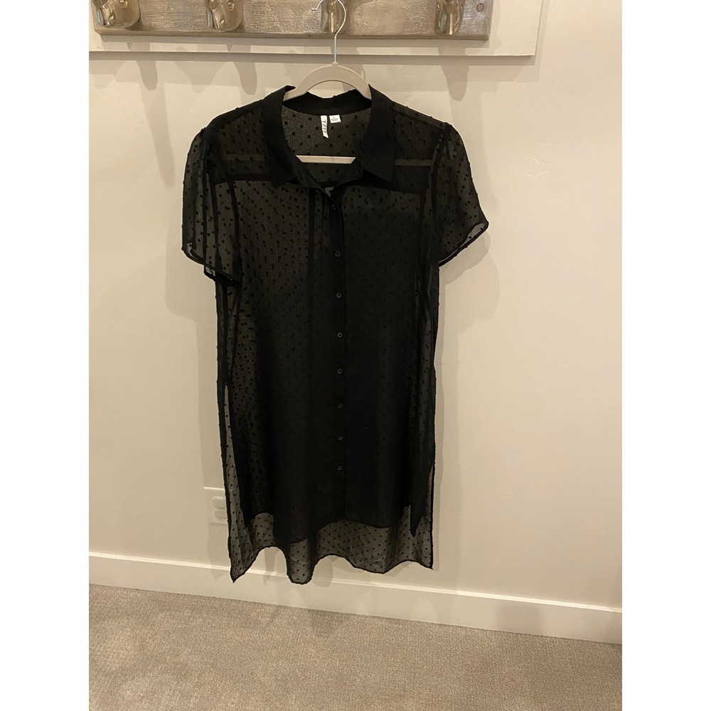 Elle Black Swiss Dot Sheer Button Down Tunic Top Short Sleeve Size L